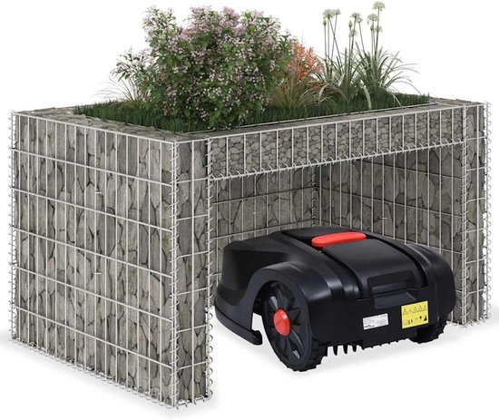 Grasmaaier-garage met verhoogd bloembed, 110 x 80 x 60 cm, schanskorf, robotmaaier, schuilplaats van staaldraad, weerbestendig, zilver — afbeelding 2