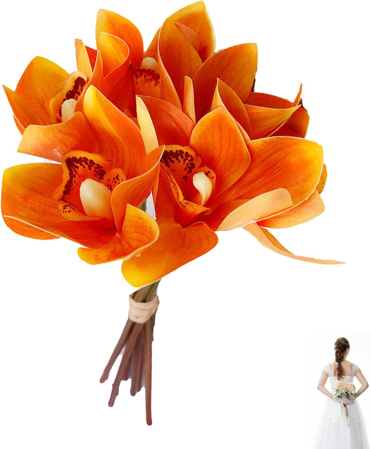 6 stengels faux orchidee decor 3D-geprinte zijden bloemen ijzerdraad stengel orchidee bloemendecoraties voor thuis bruiloft kantoor feest feestelijke binnen buiten (Oranje)