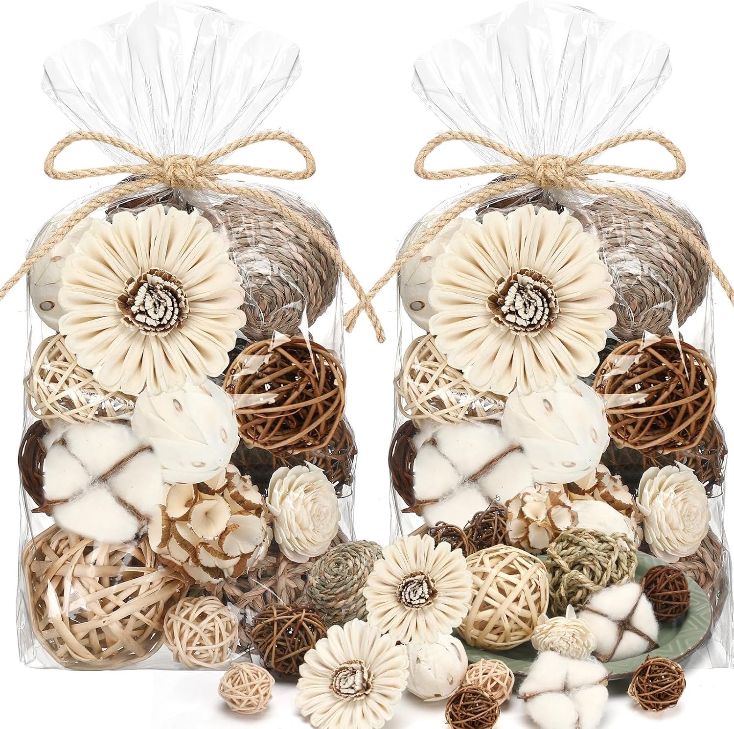 2 stuks decoratieve ballen potpourri kom vuller decor natuurlijke vaas kom vuller diverse bolvormige rotan twijgen rieten ballen katoen voor huisdecoratie middelpunt (bruin)