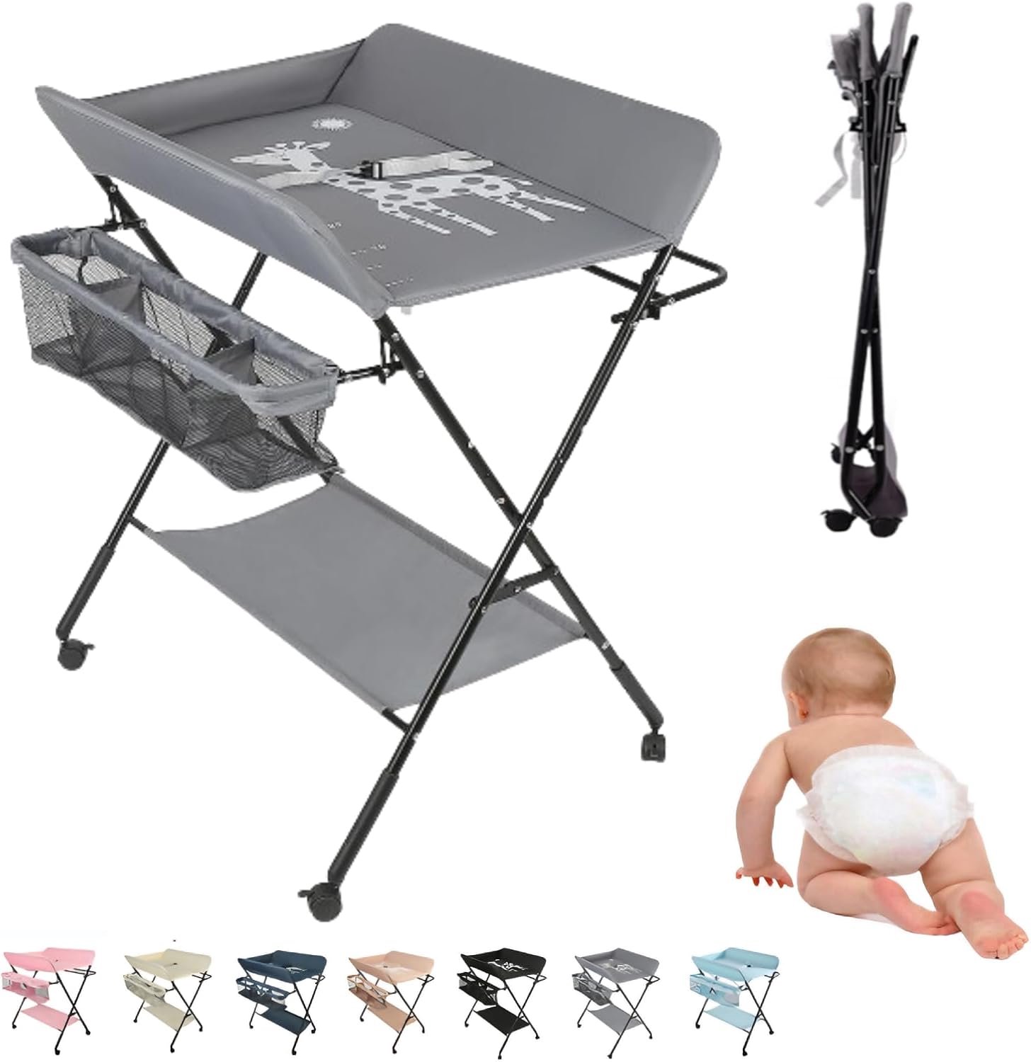 Inklapbaar, afneembare luiertafel met kleppen en opbergmand, draagbaar, in hoogte verstelbaar, voor baby's (grijs, 80 x 66 x 98 cm)