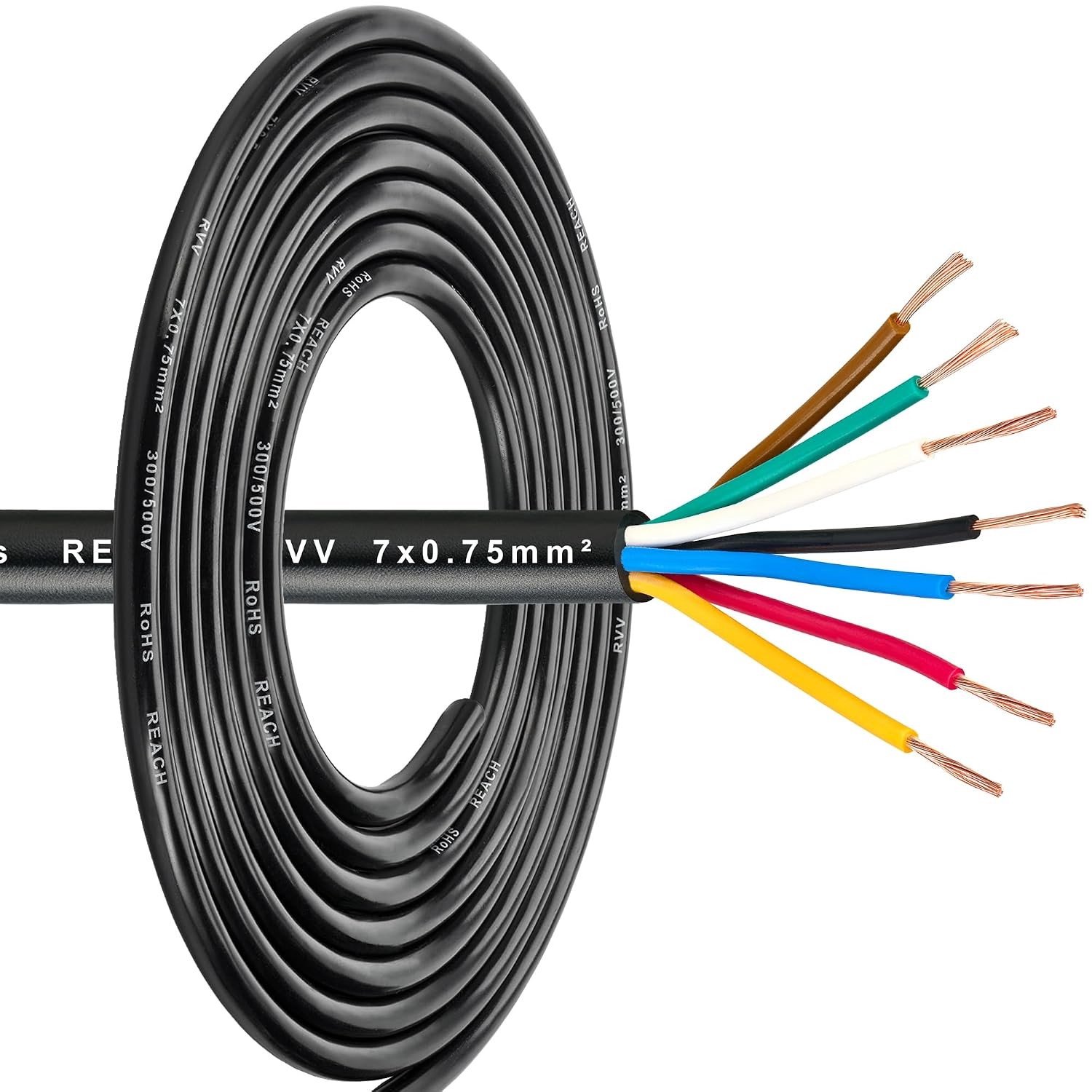 Flexibele 7-polige kabel voor aanhangwagens, 0.75mm² koper draad, 12V/24V, 5 meter voor verlichting, caravans en trailers, RoHS en REACH goedgekeurd