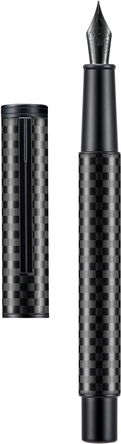 Black Carbon Fiber Vulpen, Extra Fijne Penpunt Modern Design Glad Schrijfpen met Converter en Metalen Pen Case Set