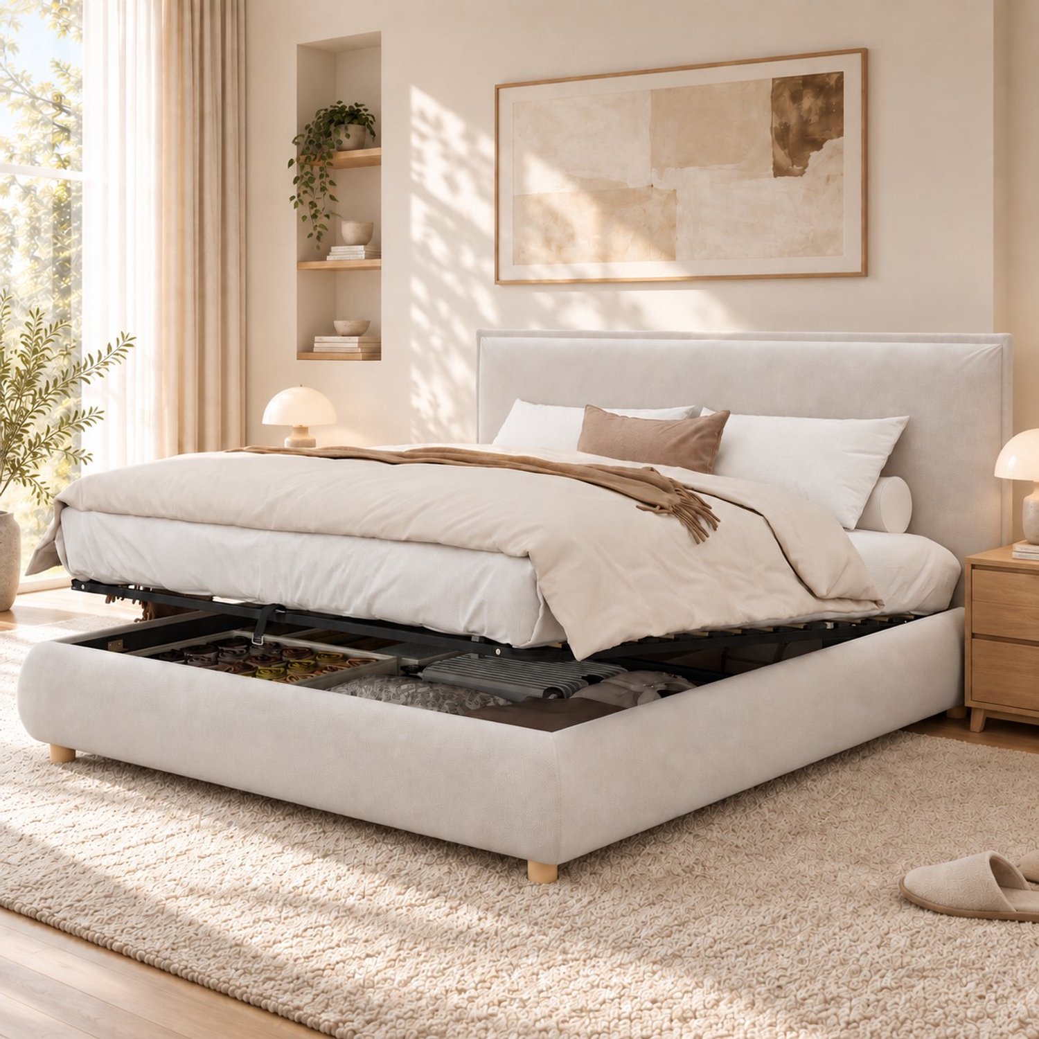 Sweiko Gestoffeerd bed - 160 x 200 cm Tweepersoonsbed - Met opbergruimte - Hout poten - Velvet - Crème