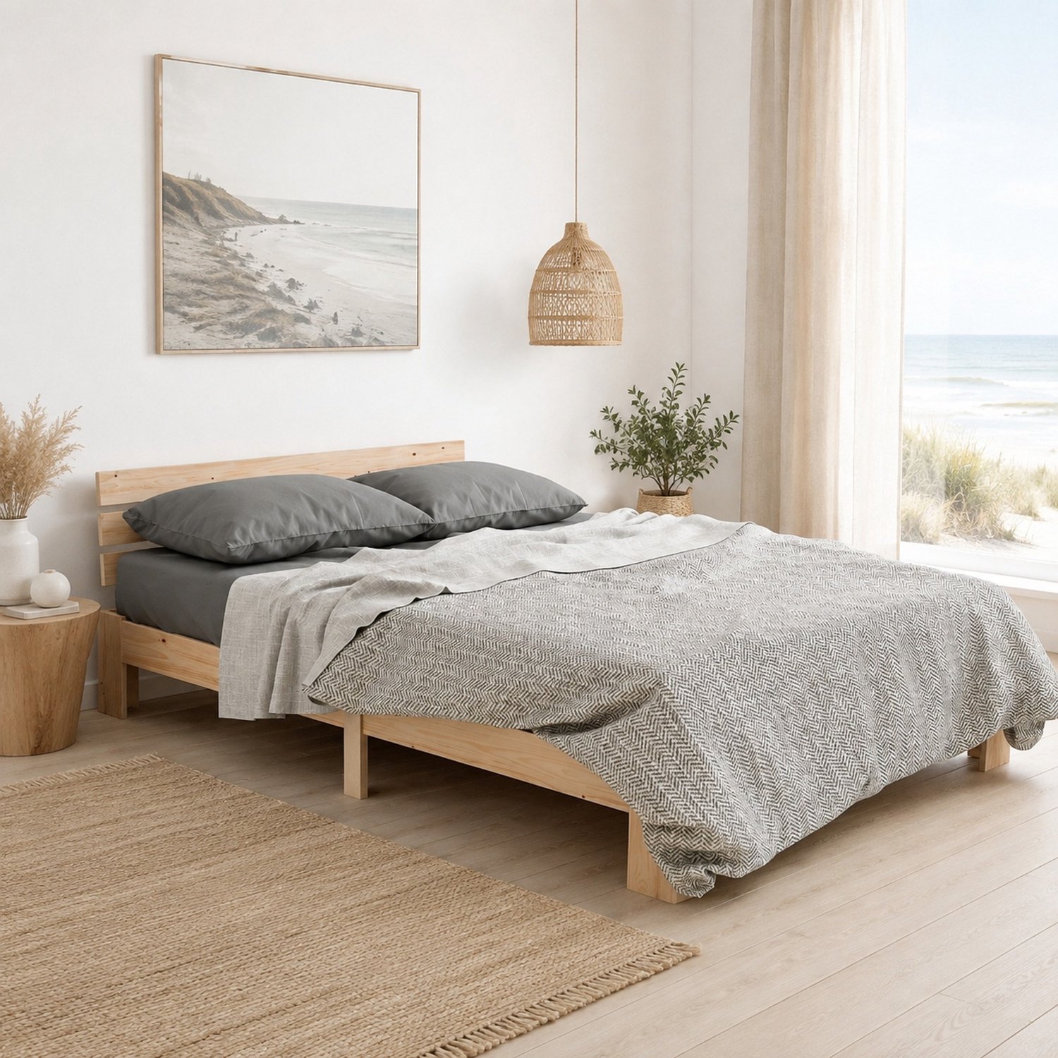 CHICFURN Houten Tweepersoonsbed 140 x 200 cm - Lattenbodem - Hoofdbord - Naturel