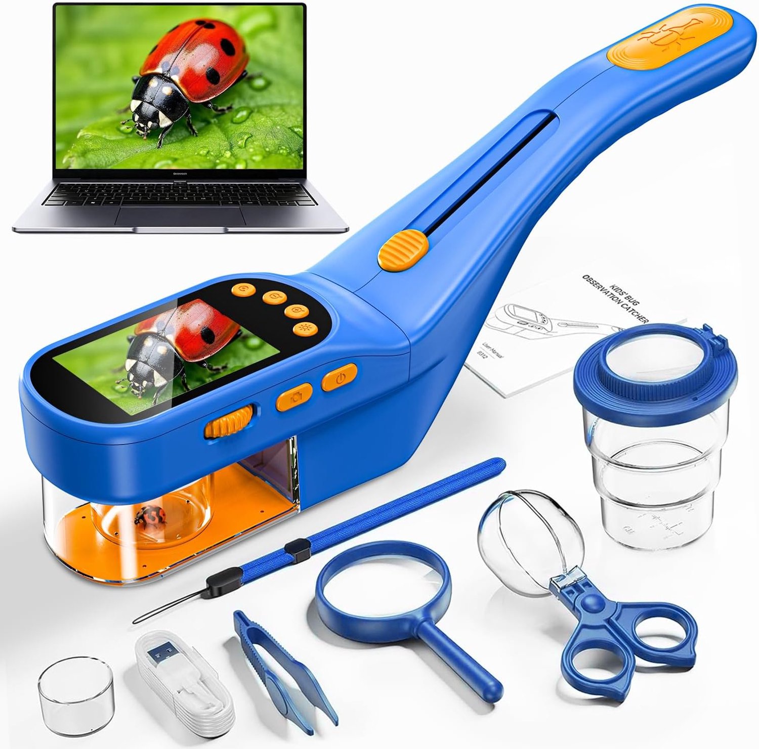 Microscoop voor kinderen en verrekijker voor kinderen, 1000x USB,2-in-1 draagbare zakmicroscoop, 4K 2.0 inch scherm, 10-voudige vergroting, kinderverrekijker, wetenschap buiten jaar (blauw2)