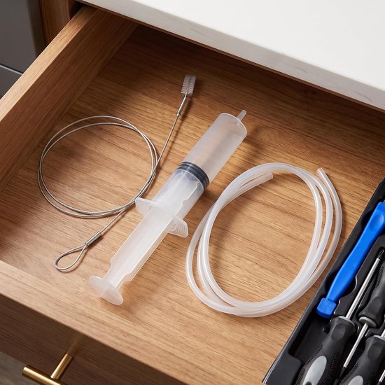 2 Sets Koelkast Afvoer Ontstopper Kit met Flexibele Borstel Buigbare Spuit Reiniging voor Fridge Drain Pipe Voorkomt Waterophoping Geurtjes Onderhoudsset — afbeelding 4