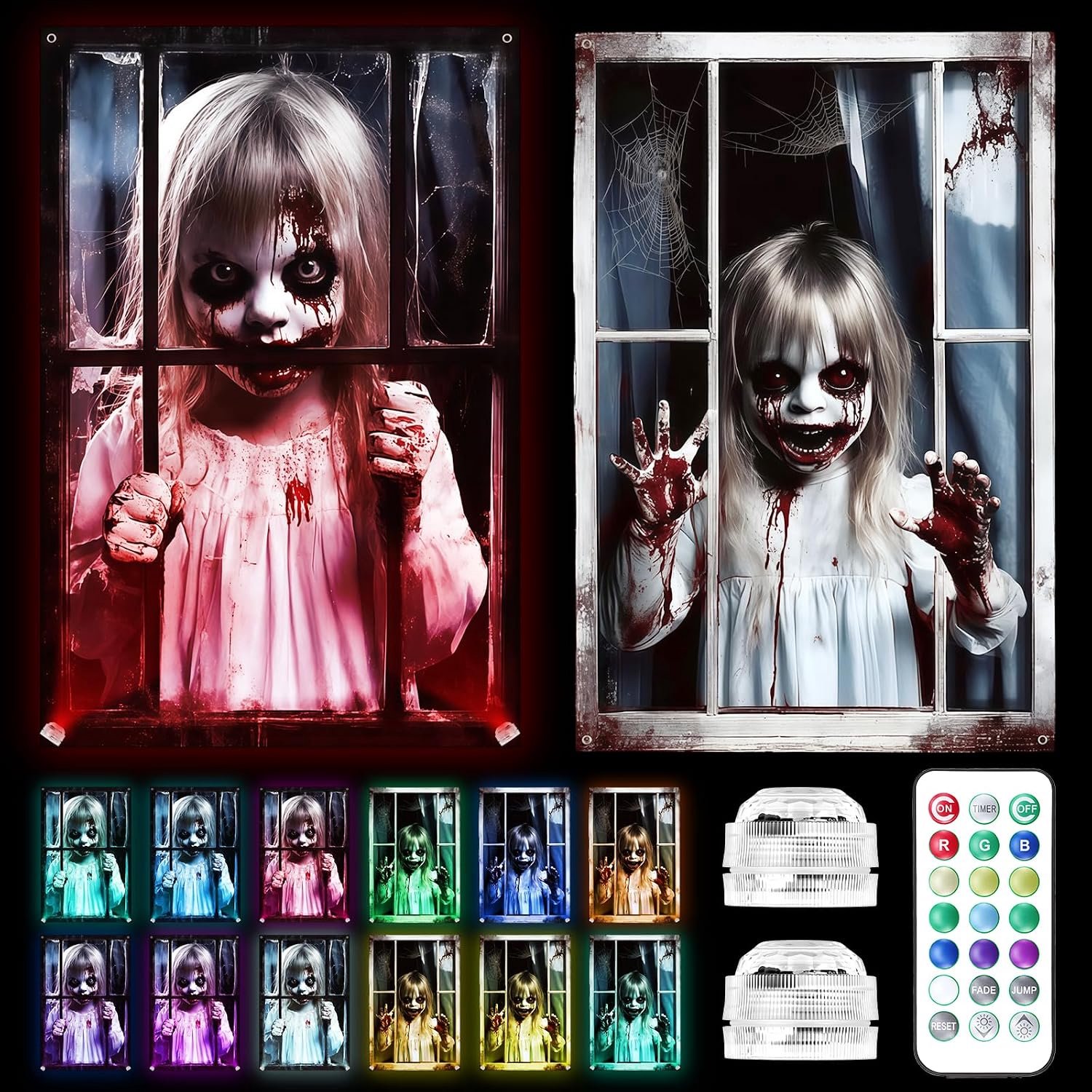 2 Stuks Halloween Decoratie,79×120cm 3D Horror Halloween Raamdecoratie, Herbruikbaar Halloween Tuin Decoraties Binnen en Buiten, Decoratie van Ramen voor Deuren Muren Feesten