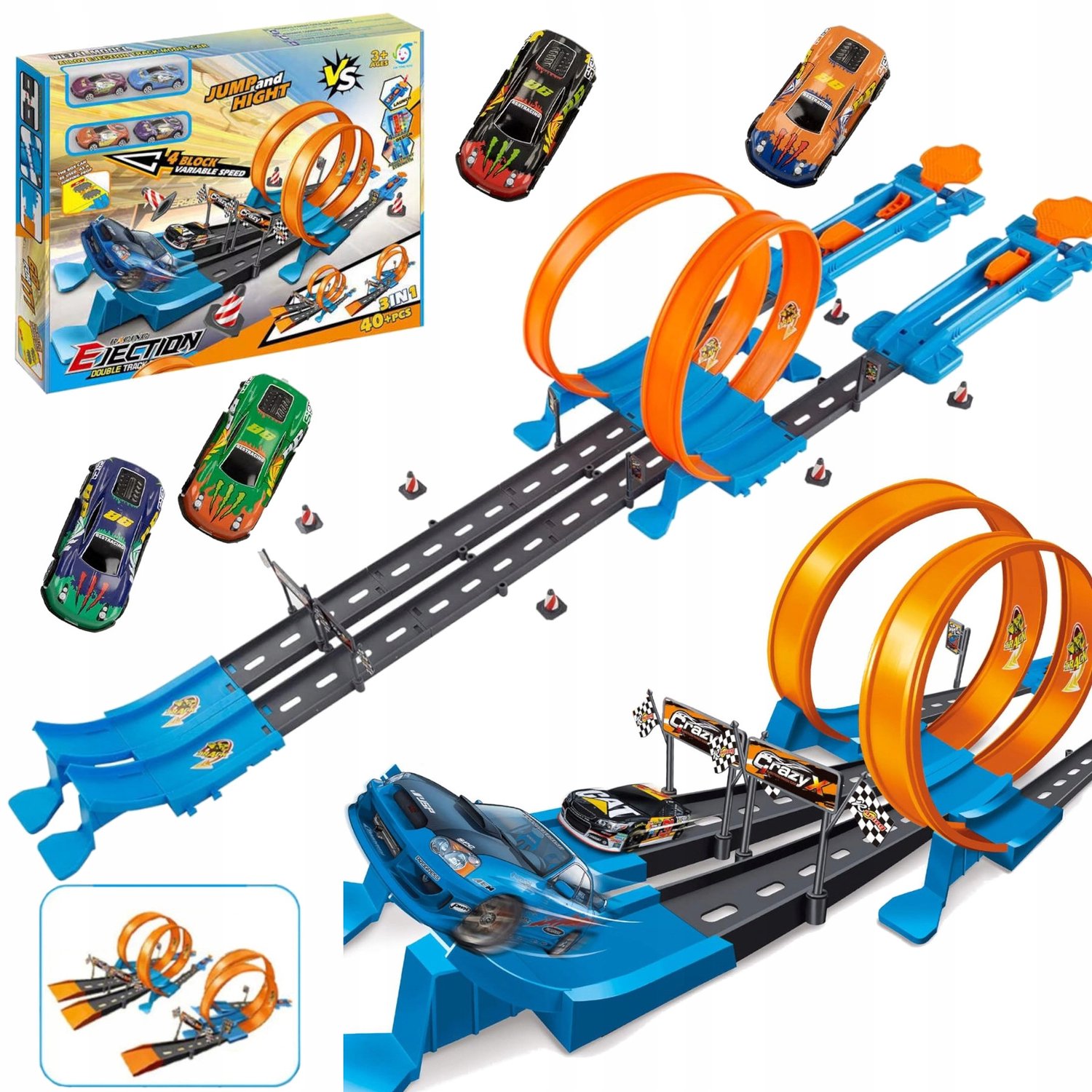 Dubbel Racecircuit met Loops en 4 Metalen Auto's