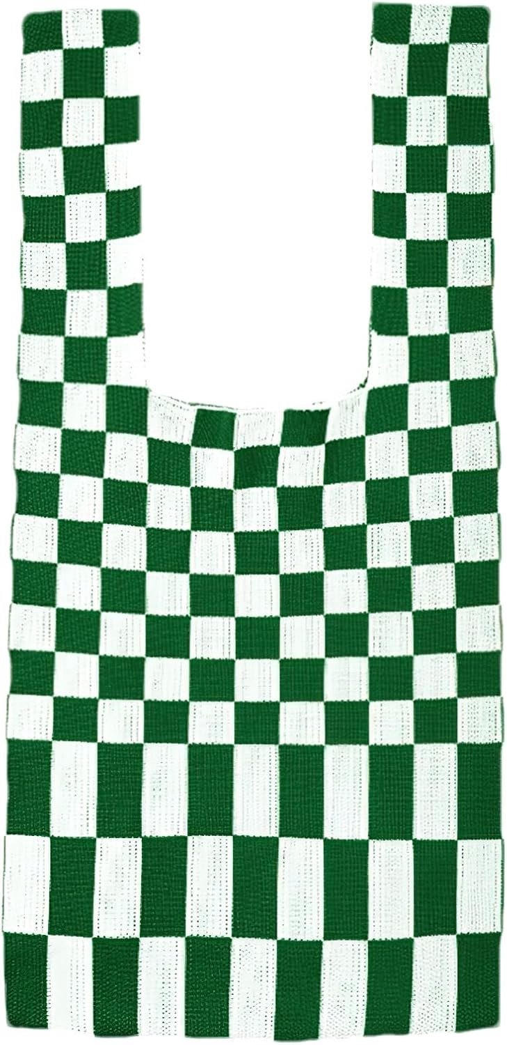 Kleine Gehaakte Tote Bag voor Dames met Ruit- en Streepdesign, Boho Woven Handtas voor Winkelen en Vrije Tijd