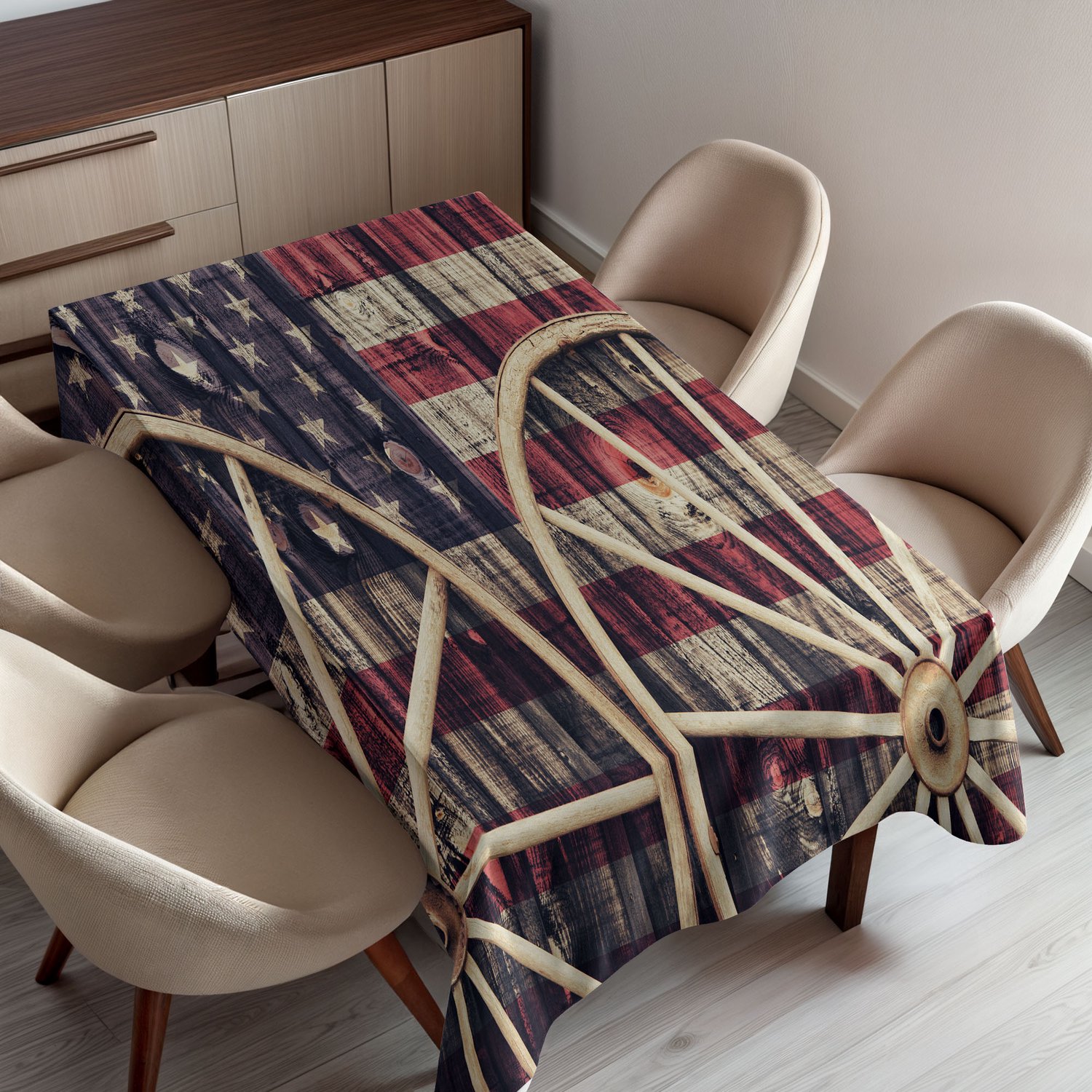 ABAKUHAUS Western Tafelkleed, Antieke Kar Wagenwielen en Amerikaanse Vlag in Retro Vintage Kleuren Nieuwe Wereld Print, Rechthoekig Tafelkleed voor Eetkamer Keukendecoratie, 150 x 200 cm, Beige Sepia
