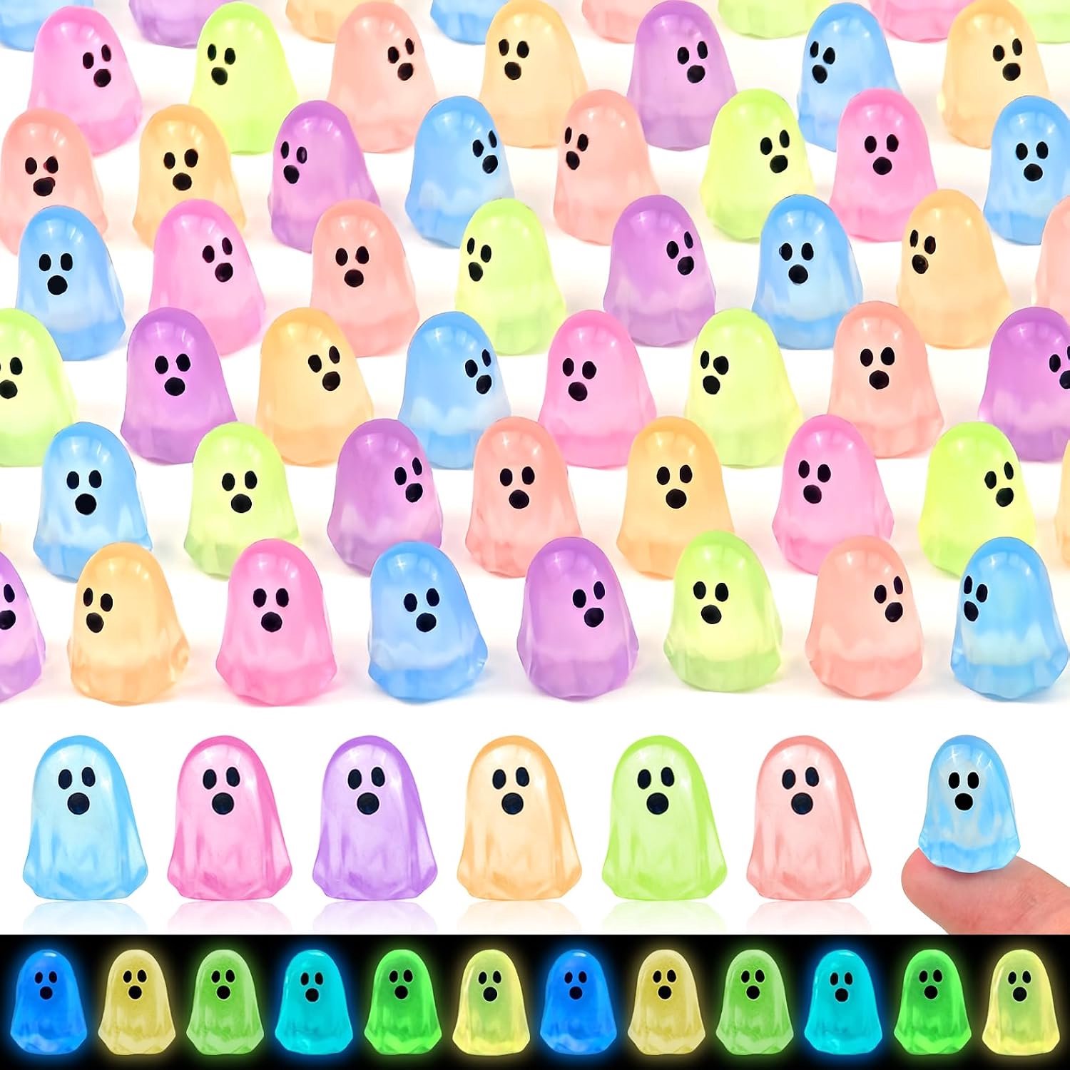 84 stuks Halloween-minifiguurtjes van hars (spookjes) die licht geven in het donker – kleine lichtgevende kunststof spookjes voor knutselprojecten, vaasvulling, microlandschappen, sprookjestuinen en feestdecoratie