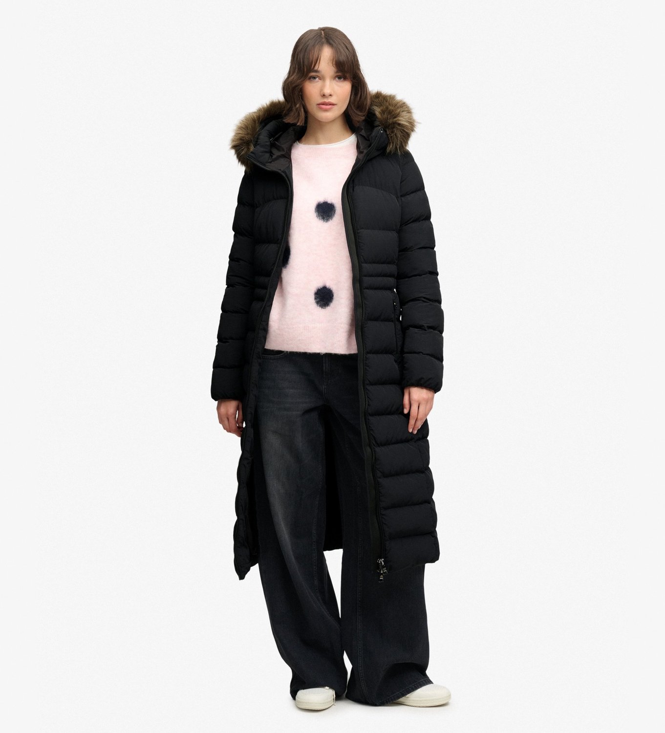 Superdry Fuji Lange Jas Met Capuchon En Imitatiebont Dames Gewatteerde jassen Zwart