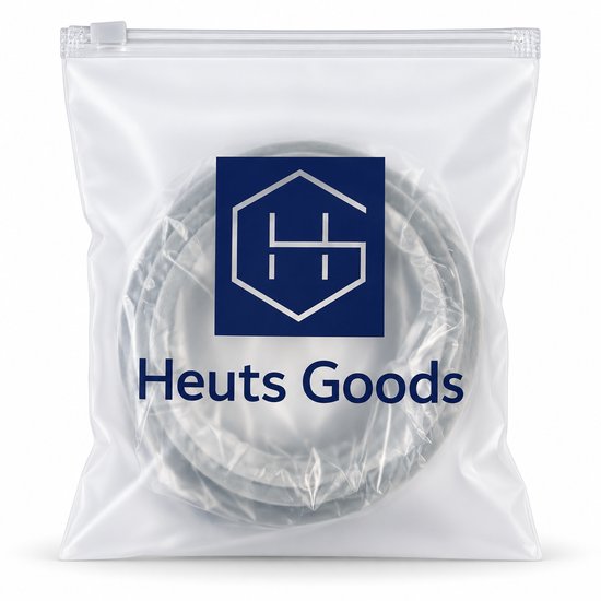 Transparante hersluitbare zak met het logo van Heuts Goods, met daarin de grijze tochtstrip.