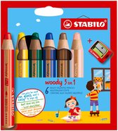 STABILO woody 3 in 1 - Multi Talent Kleurpotloden - Etui Met 6 Kleuren + puntenslijper