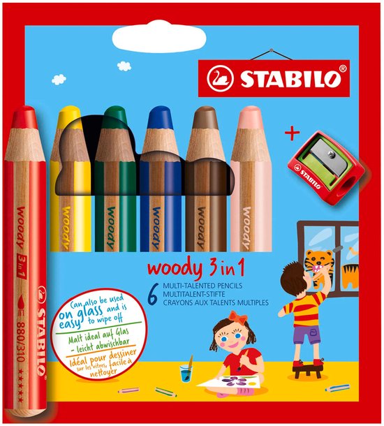 Set de 6 crayons de couleur STABILO woody 3 en 1 avec taille-crayon, utilisables sur le verre.
