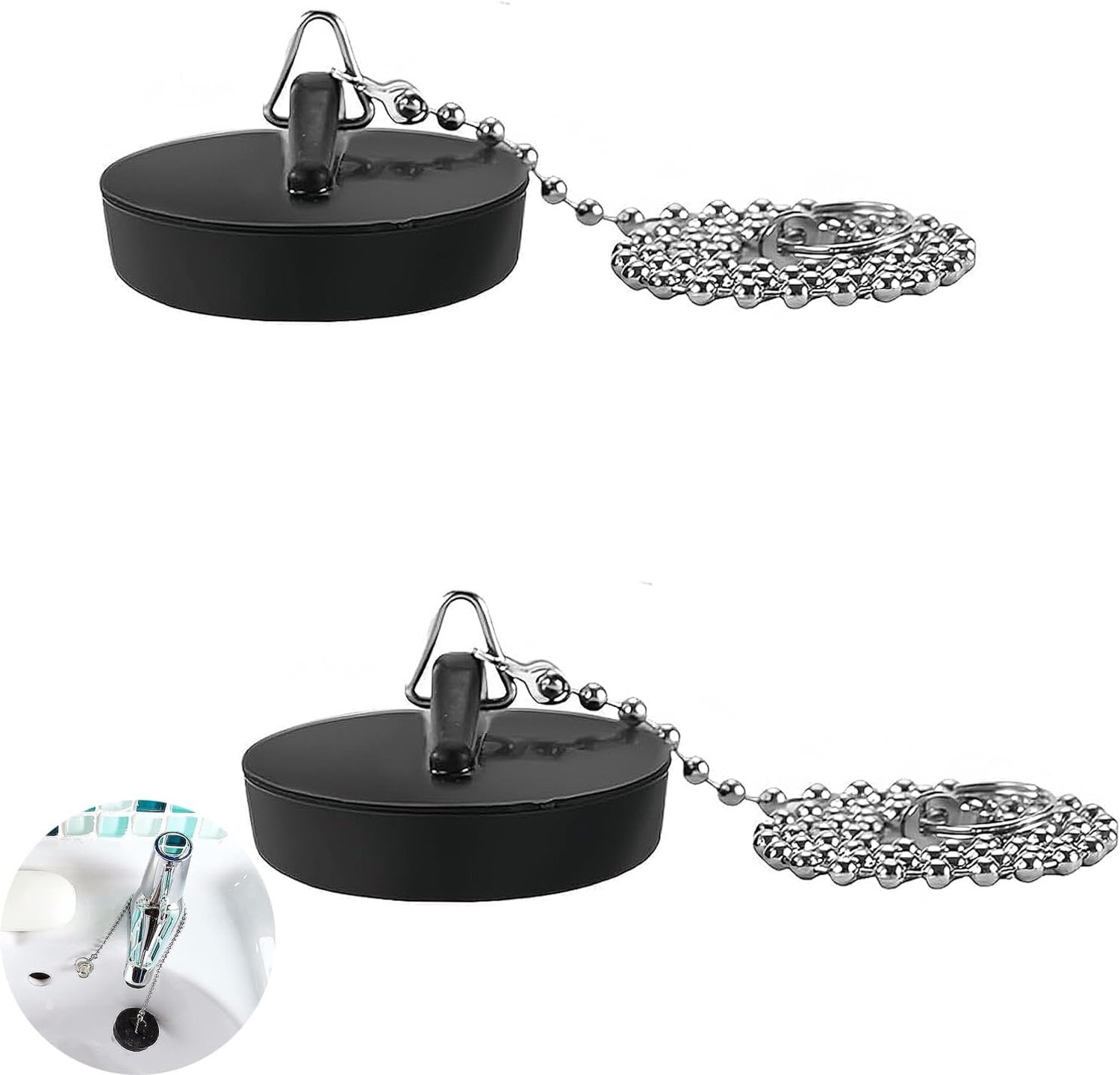 2x Zwarte Doucheput Stop met Ketting - Universeel