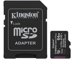 KINGSTON - Kingston Technology 64GB microSDXC Canvas Select Plus Gen3 100MB/s A1 kaart + adapter - SDCS364GB