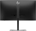 Achteraanzicht van HP monitor met zichtbare poorten, zilveren standaard en HP logo.