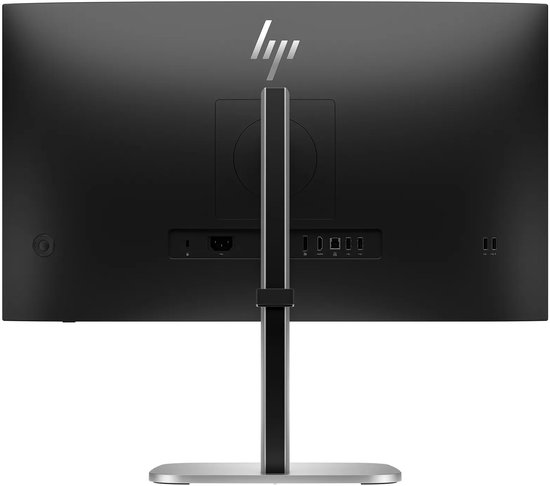 Achteraanzicht van HP monitor met zichtbare poorten, zilveren standaard en HP logo.