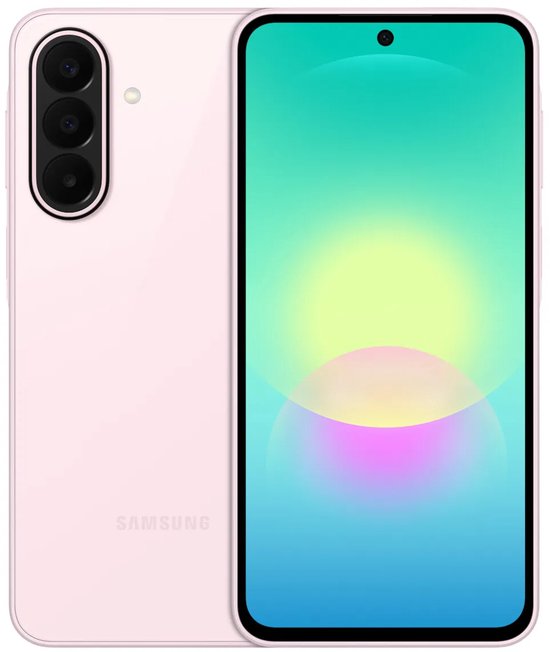 Roze smartphone, achterkant met drie camera's en Samsung-logo, naast het vooraanzicht met kleurrijk scherm.