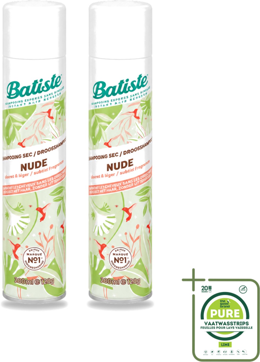2 x Batiste - Nude - Droogshampoo - Frisse Look - Volume en Textuur - 200ml - Grootverpakking - Vaatwasstrips - Droogshampoo - Fris Haar - Natuurlijk Haar - Schone Haardos - Haarkleur