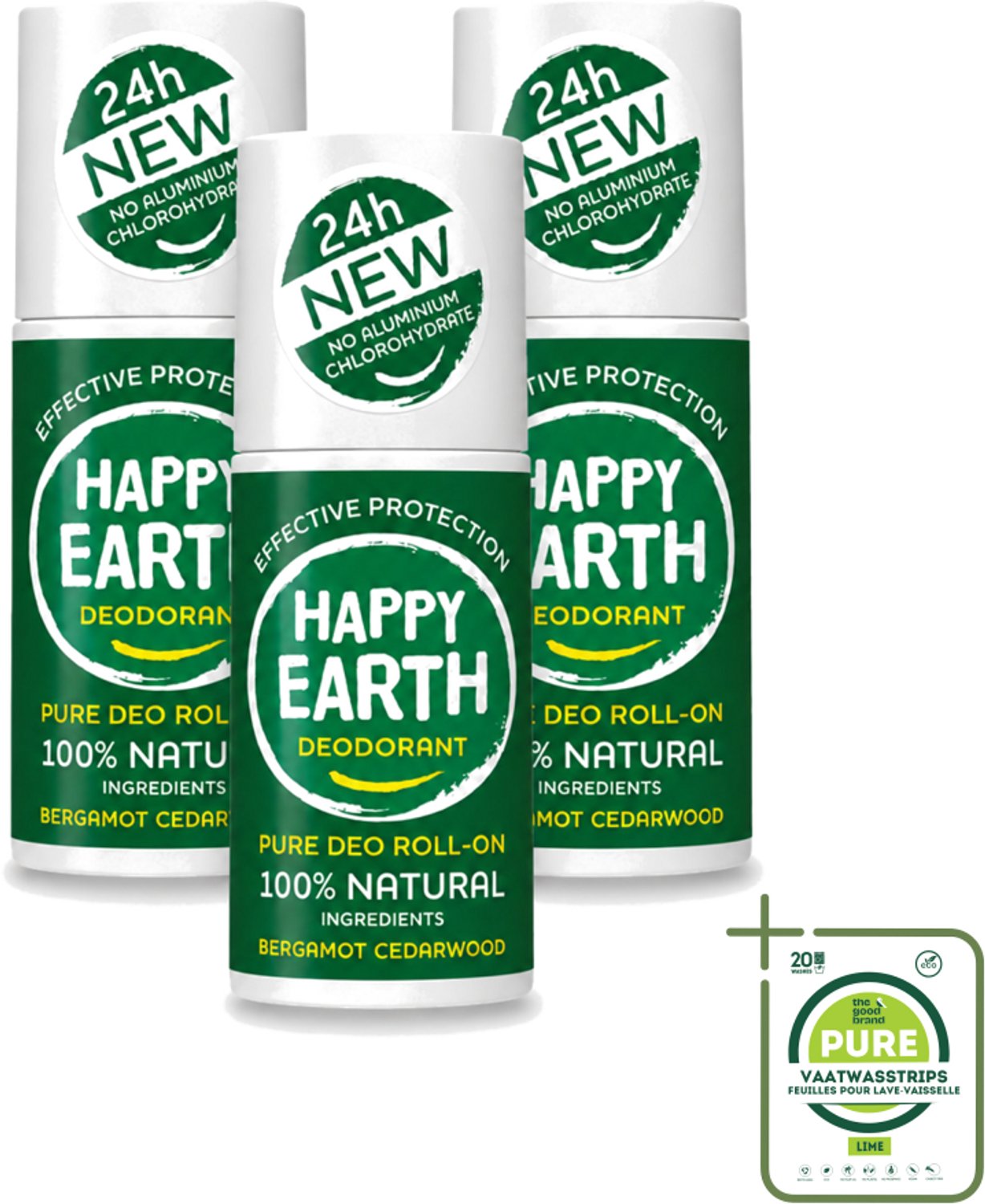 3 x Happy Earth – Deodorant Roll-On – 100% Natuurlijk Bergamot Cedarwood – 75 ml - Grootverpakking - Bergamot - Cederhout - Natuurlijke Deodorant - Roll-on Deodorant - 24 Uur Bescherming