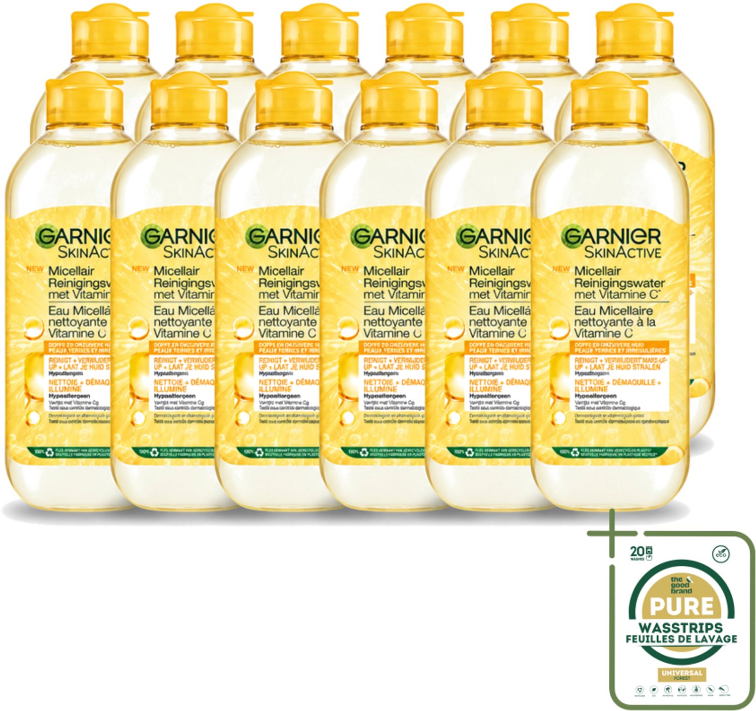 12 x Garnier - SkinActive - Micellair Water - Vitamine C - Reinigingswater - 400 ml - Wasstrips - Micellair Reinigingswater - Vitamine C - Huid Reinigen - Make-up Verwijderen - Stralende Huid