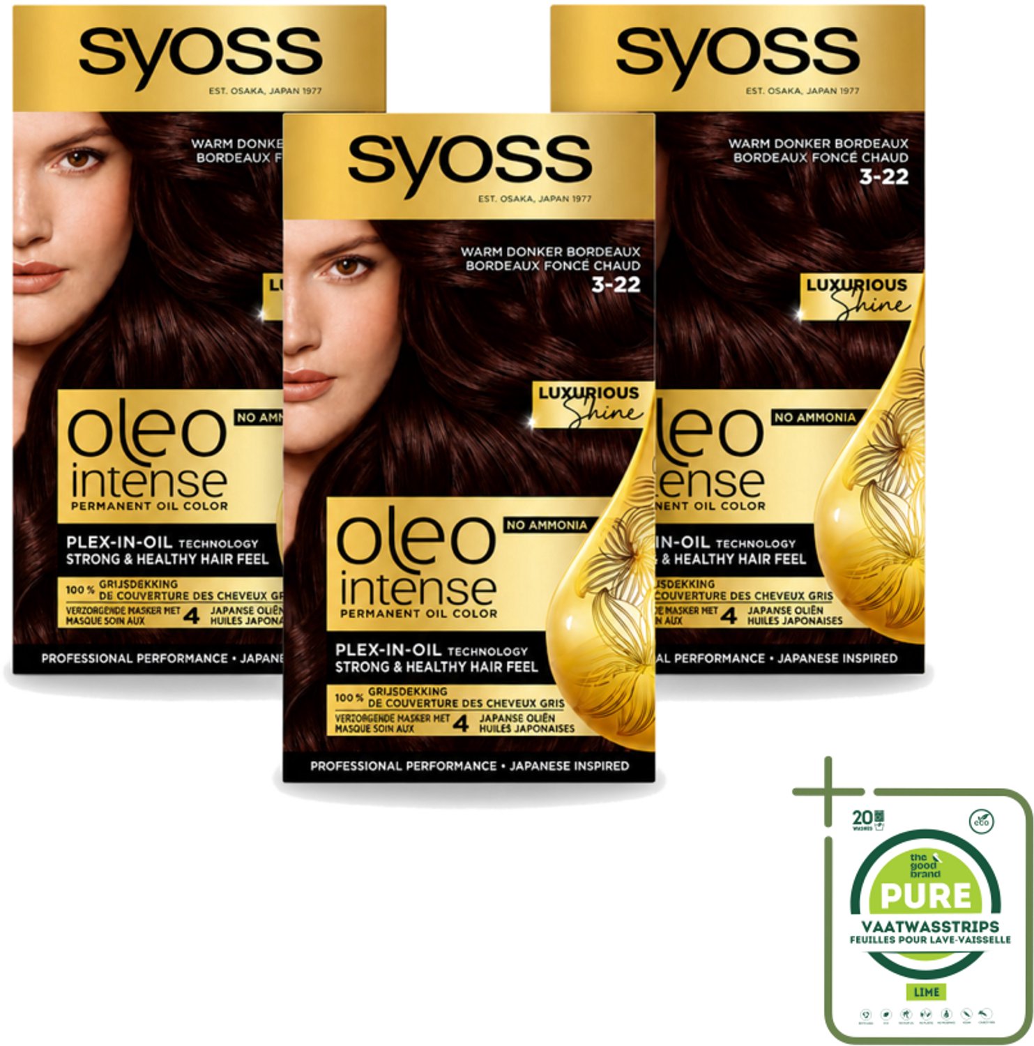 3 x SYOSS - Oleo Intense 3-22 - Haarverf - Permanente Haarkleuring - Warm Donker Bordeaux - Langdurige Kleur - Grootverpakking - Vaatwasstrips - Haarkleur - Haarkleuring - Bordeauxrood - Olieformule - Grijsdekking