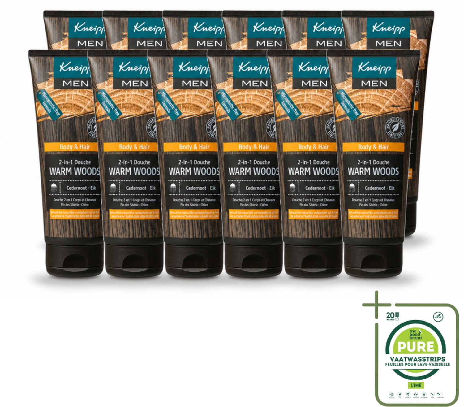 12 x Kneipp - Douchegel - Men - Warm Woods - 2-in-1 - 200 ml - Grootverpakking - Vaatwasstrips - Douchegel Voor Mannen - Natuurlijke Verzorging - Houtige Geur - Huid Verzorging - Haar Verzorging