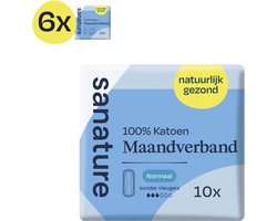 Sanature 100% Katoenen Maandverband - Normaal zonder vleugels - 6 x 10 stuks - Natuurlijk & geschikt voor de gevoelige huid