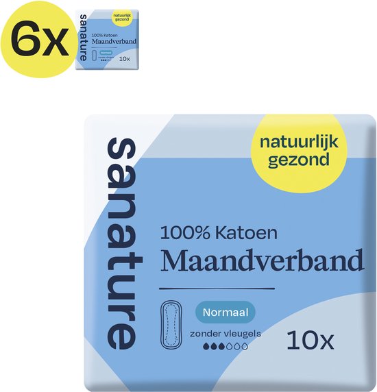 Voordeelverpakking met 6 doosjes Sanature maandverband 100% katoen, normaal, zonder vleugels.