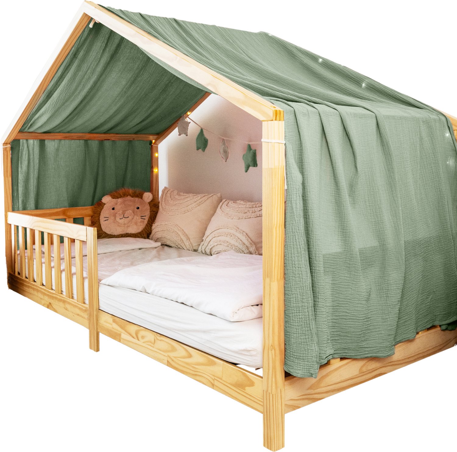 LILIMAUS Huisbed hemeltje uit één stuk met gouden details - bedhemel voor huisbed - 135 x 420 cm - mousseline katoen - groen