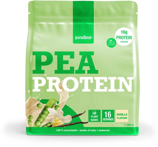 Vooraanzicht van Purasana Pea Protein zak, groen met afbeelding van erwten, vanillestokjes en 18g eiwit per portie.