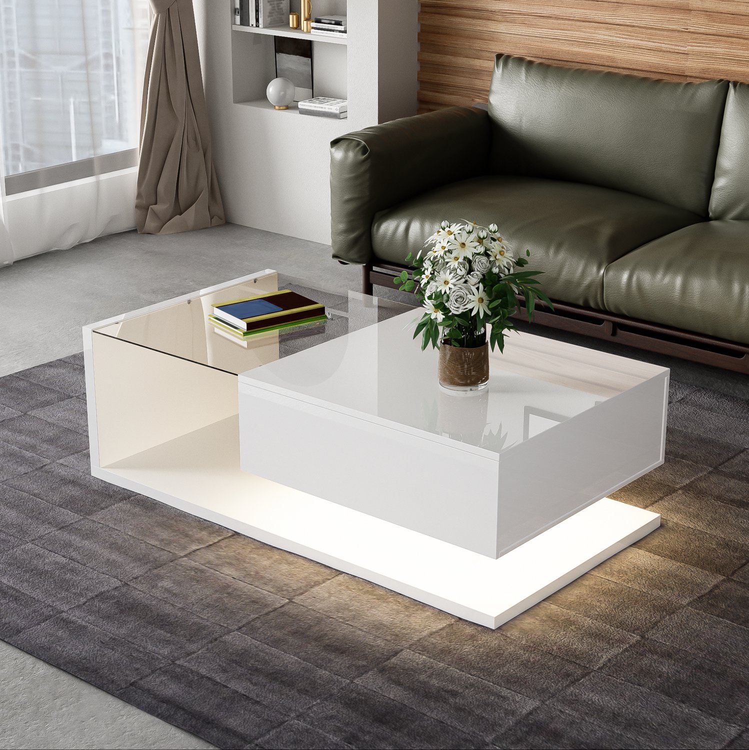 CHICFURN Salontafel - LED-verlichting - opbergvak - wit hoogglans