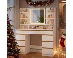 Kaptafel – Make-up Tafel – Cosmetica Tafel – Dressing Table – Opbergmeubel – Groot Formaat – Verstelbare LED Verlichting met 3 Kleuren en Helderheid