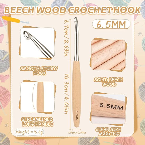 Ergonomische Haaknaald van Beukenhout 6.5mm, Comfortabele Haaknaald voor Artritis, Ideaal voor Haken en Breien, Met Soft Grip en Stevige Houten Handgreep — afbeelding 5