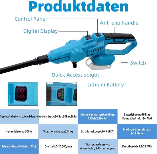 SnelShoppen - Draagbare hogedrukreiniger 80 bar met 6-in-1 mondstuk, borstelloze motor, 380 l/u, compatibel met 18 V accu, ideaal voor auto, tuin, ter van Snelshoppen — afbeelding 4