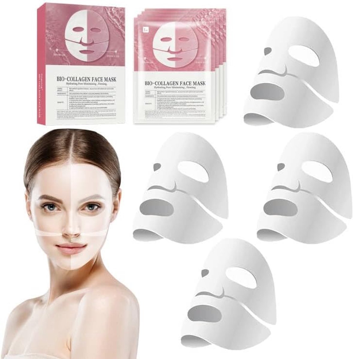 Maskerset, biologische collageen Real Deep masker, doekmaskerset voor hydraterende anti-rimpelmiddelen tegen fijne lijntjes (4 stuks)