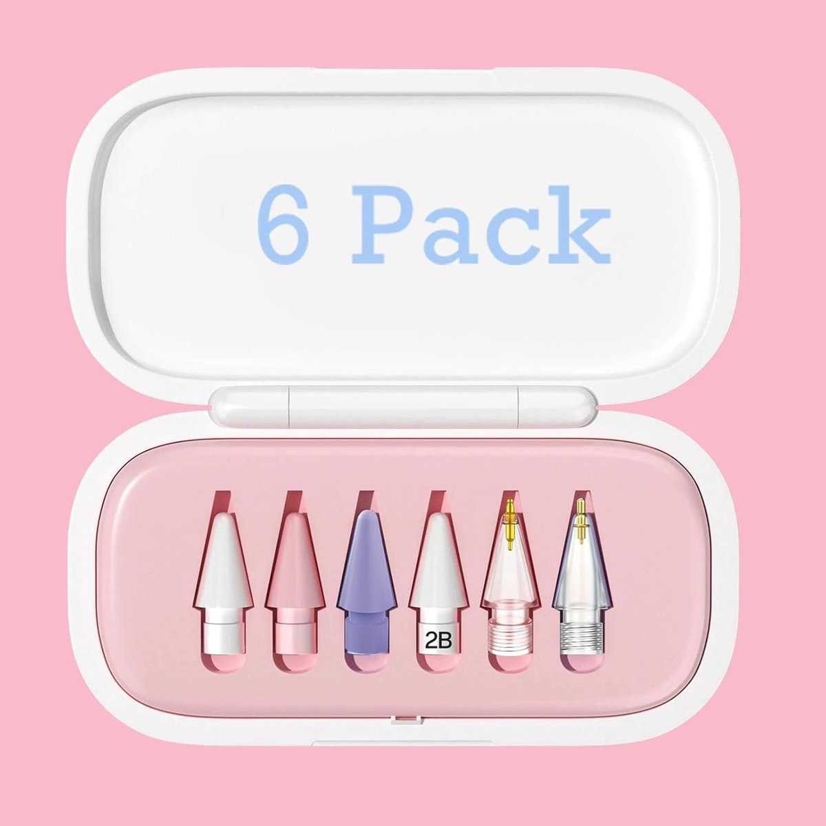 6 stuks vervangende tips voor Apple Pencil 2e/1e generatie penpunten - gevoelige en nauwkeurige bediening iPencil penpunt voor iPad voor potlood USB C/2e/1e generatie pen (6 stuks met roze hoes)