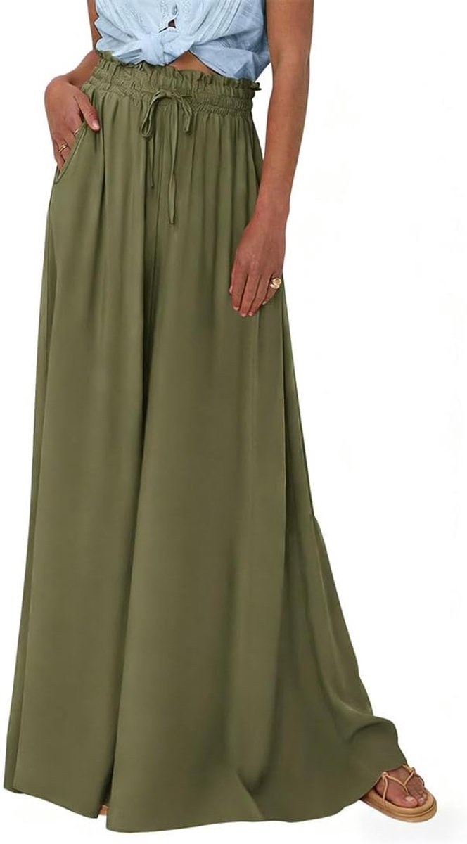 Zomer, vloeiende broek, dames, brede hoge taille, chique en elegant, palazzo-broek met zakken