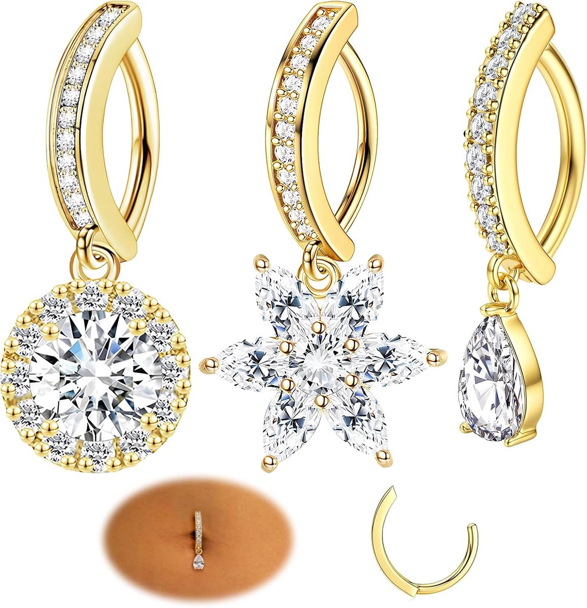 3 stuks drijvende navelpiercing, goud, chirurgisch staal, goud, verschillende modellen, oxidatiebestendig en verkleuringsbestendig, comfortabel te dragen, hoogwaardige materialen