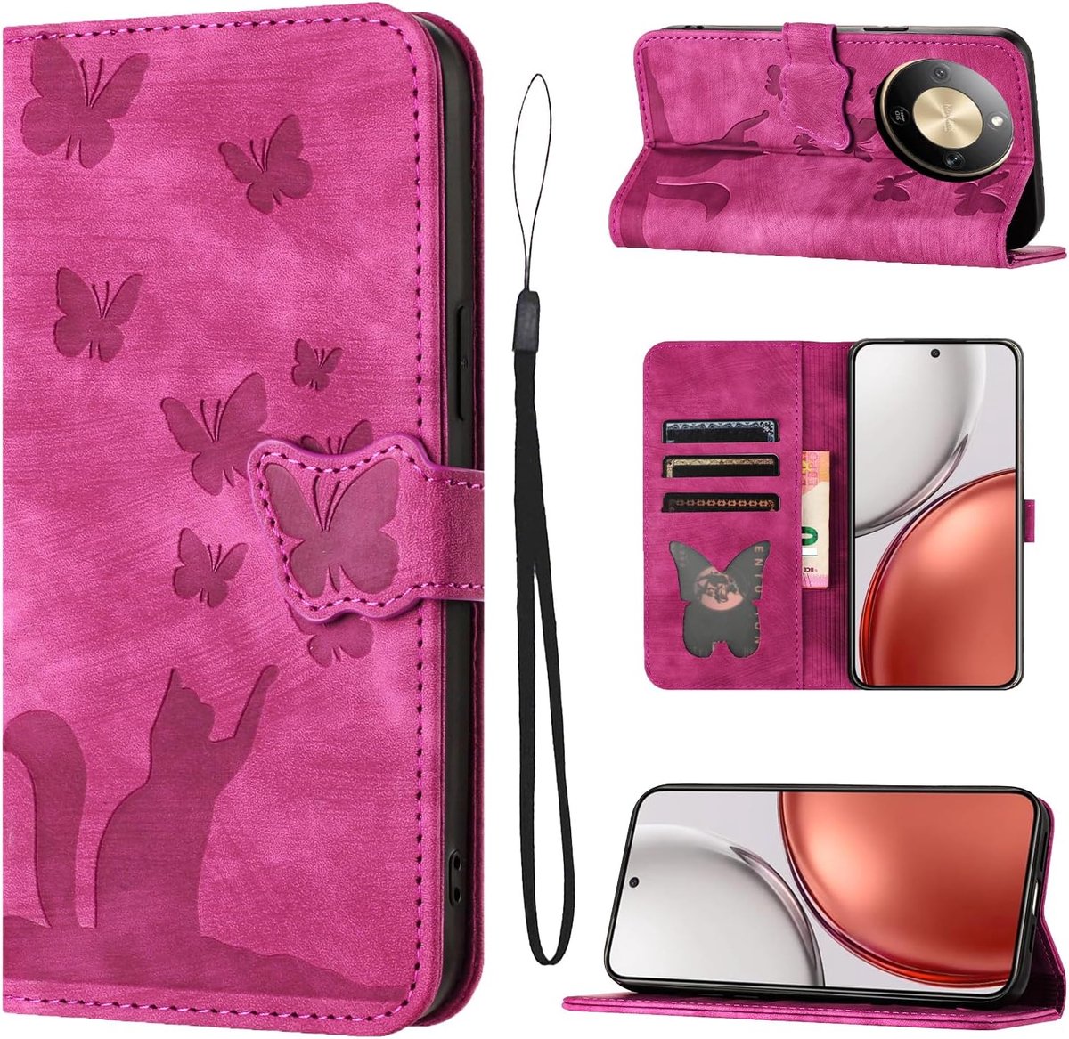 Beschermhoes voor Honor Magic8 Lite, beschermhoes van PU-leer, portemonnee, beschermhoes met kaartsleuf, standfunctie, flip cover, kat, vlinder, voor Honor Magic8 Lite, roze