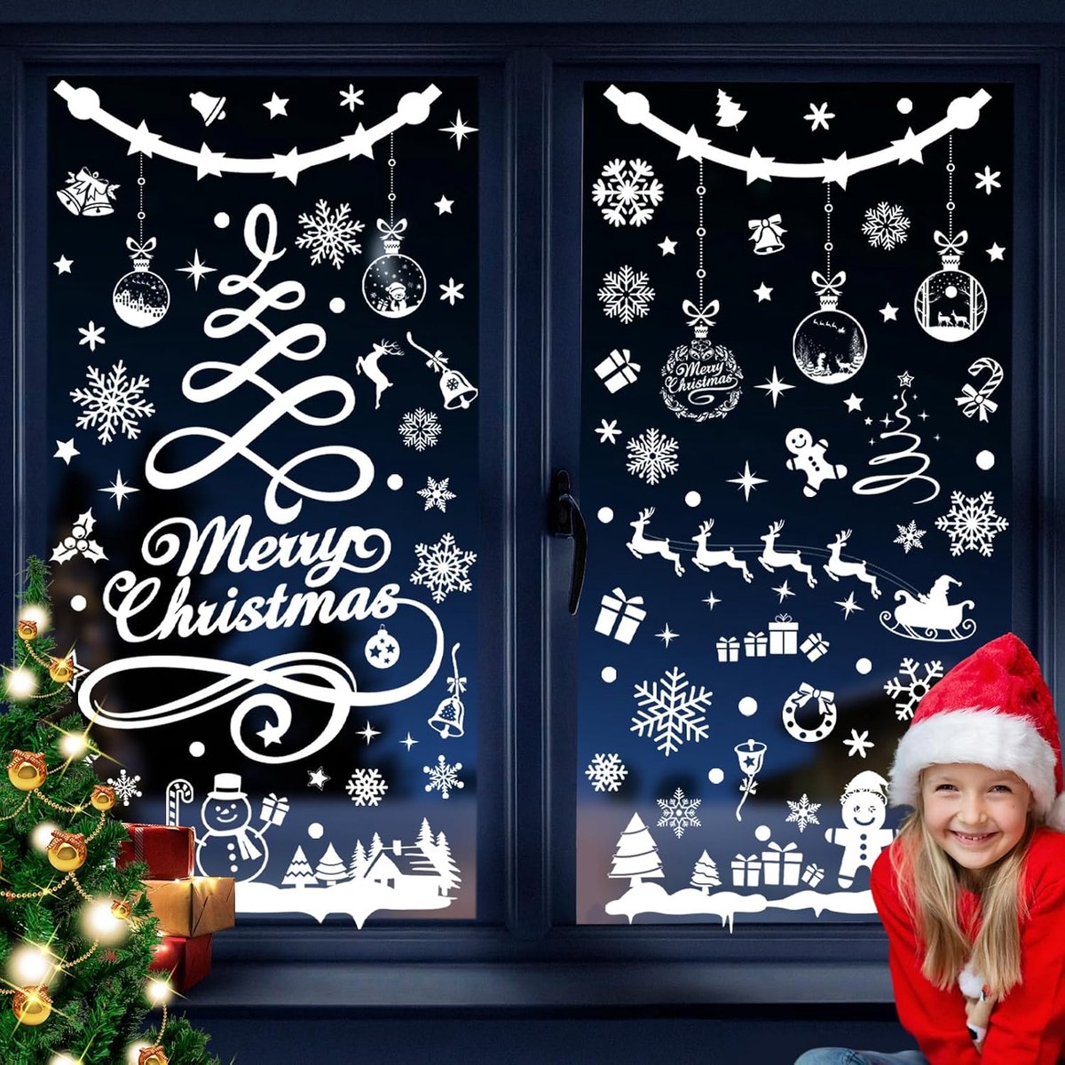 351 stuks kerstglasstickers, kerststickers voor ramen, decoratie, kerstramen, grote kerstdecoraties voor thuis, ramen, etalages, raamdecoraties, boom en sneeuwvlokken