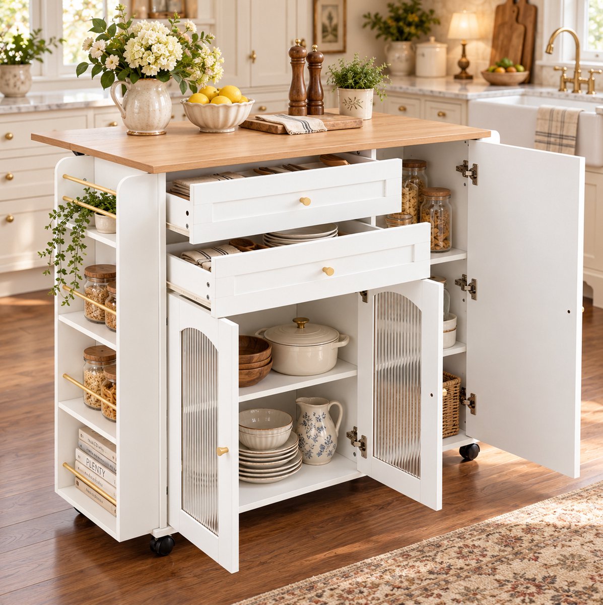 Wishdor Keukeneiland met opklapbaar werkblad en wielen - Twee lades en glazen deuren - Zijrek met open vakken - Functioneel keukenmeubel - Bewerkt hout - Wit - 110 x 70 x 99 cm
