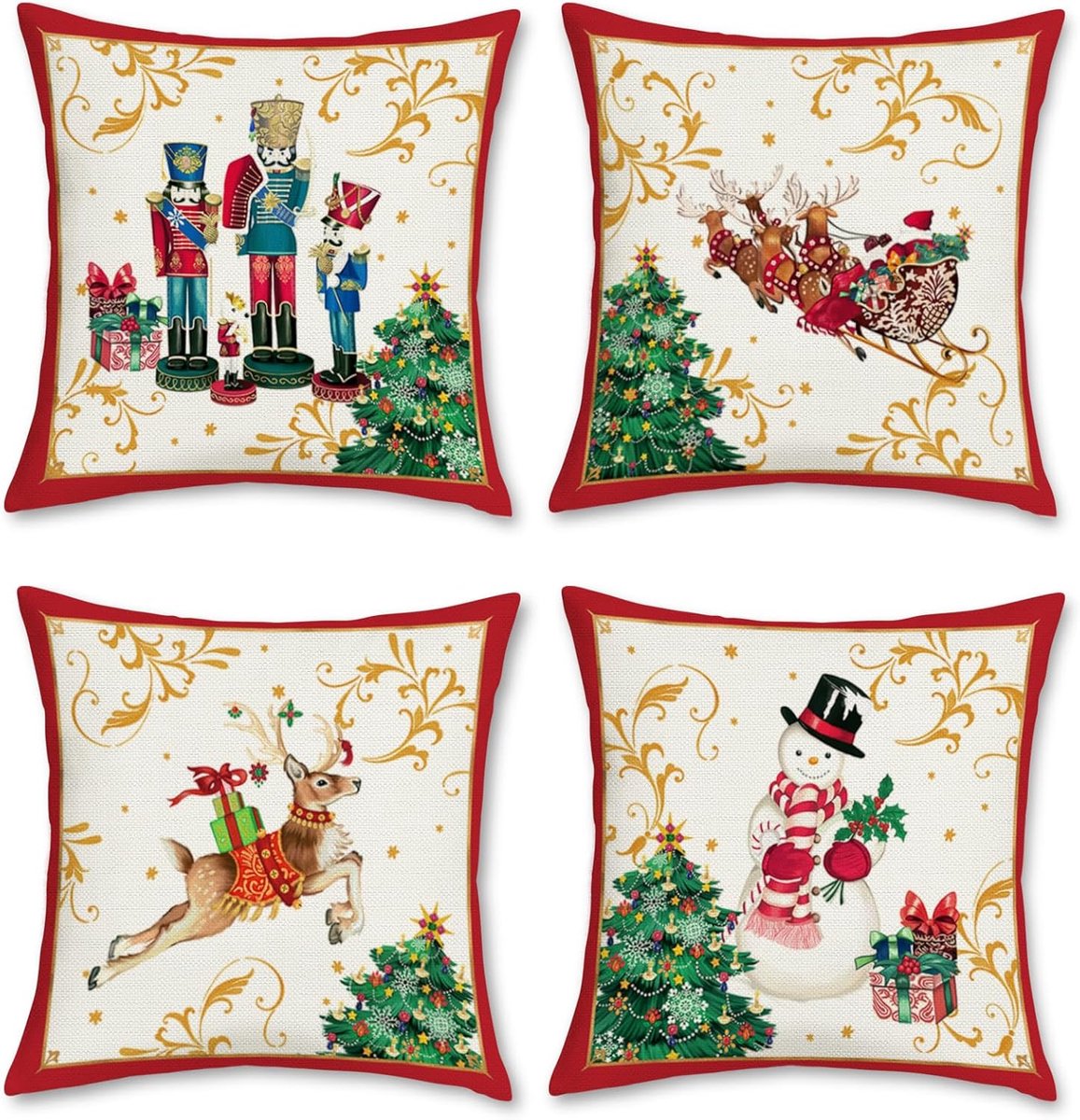 Kussensloop 45 x 45 cm - Reindeer en Nutcracker - Set van 4 - Winterse kerstdecoratie - ShopVlot