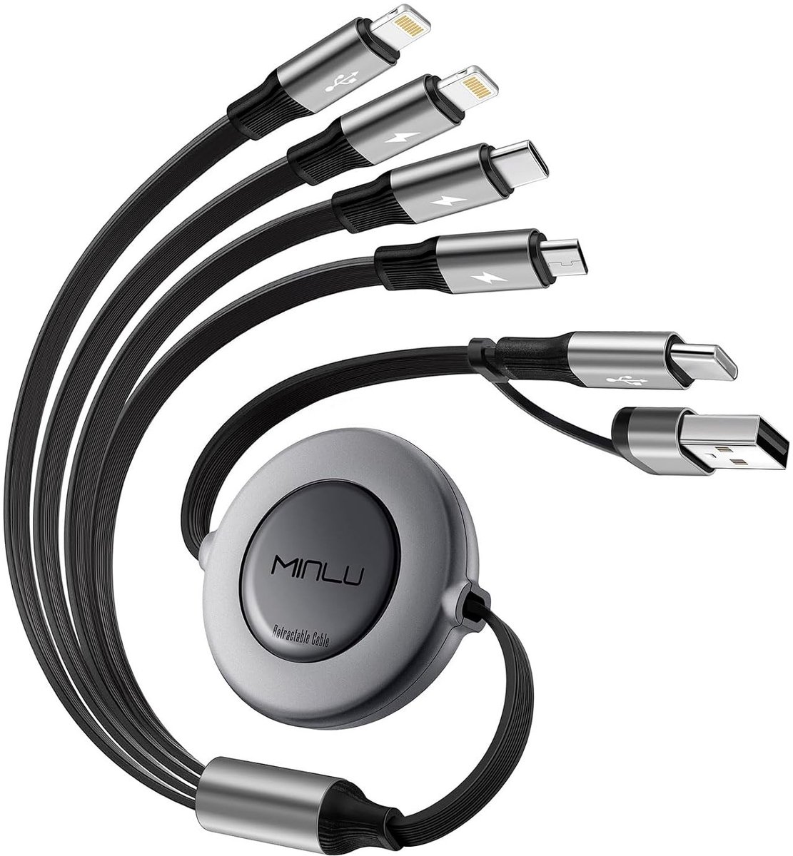 6-in-1 Retractable Multi-Charging Kabel voor Snelladen, USB C, Micro USB en iPhone Connectoren