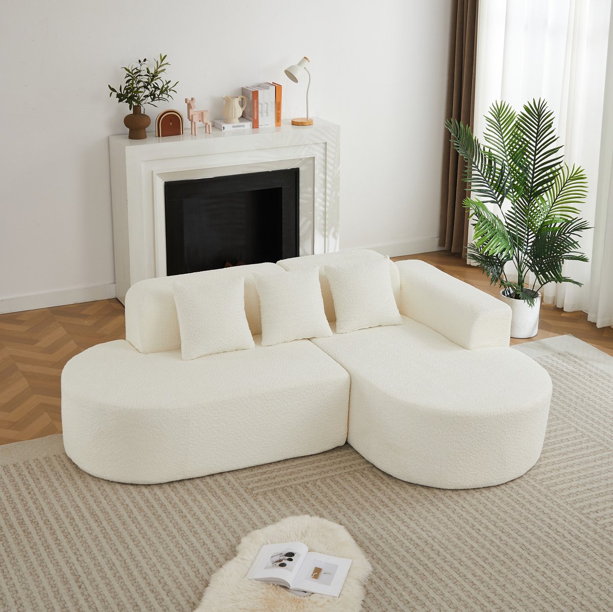 FloraGrace Hoekbank 3-Zits Met Rechter Chaise - Rond Wabi-Sabi Design Met 3 Rugkussens - Voor De Woonkamer - Chenille - Beige