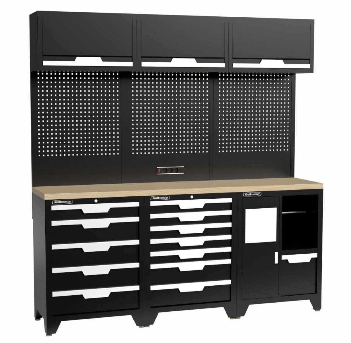 Kraftmeister werkplaatsinrichting - Werkbank met 3 wandkasten en multiplex werkblad - Werktafel met 12 laden en gereedschapswand - Complete set voor werkplaats of garage - Zwart