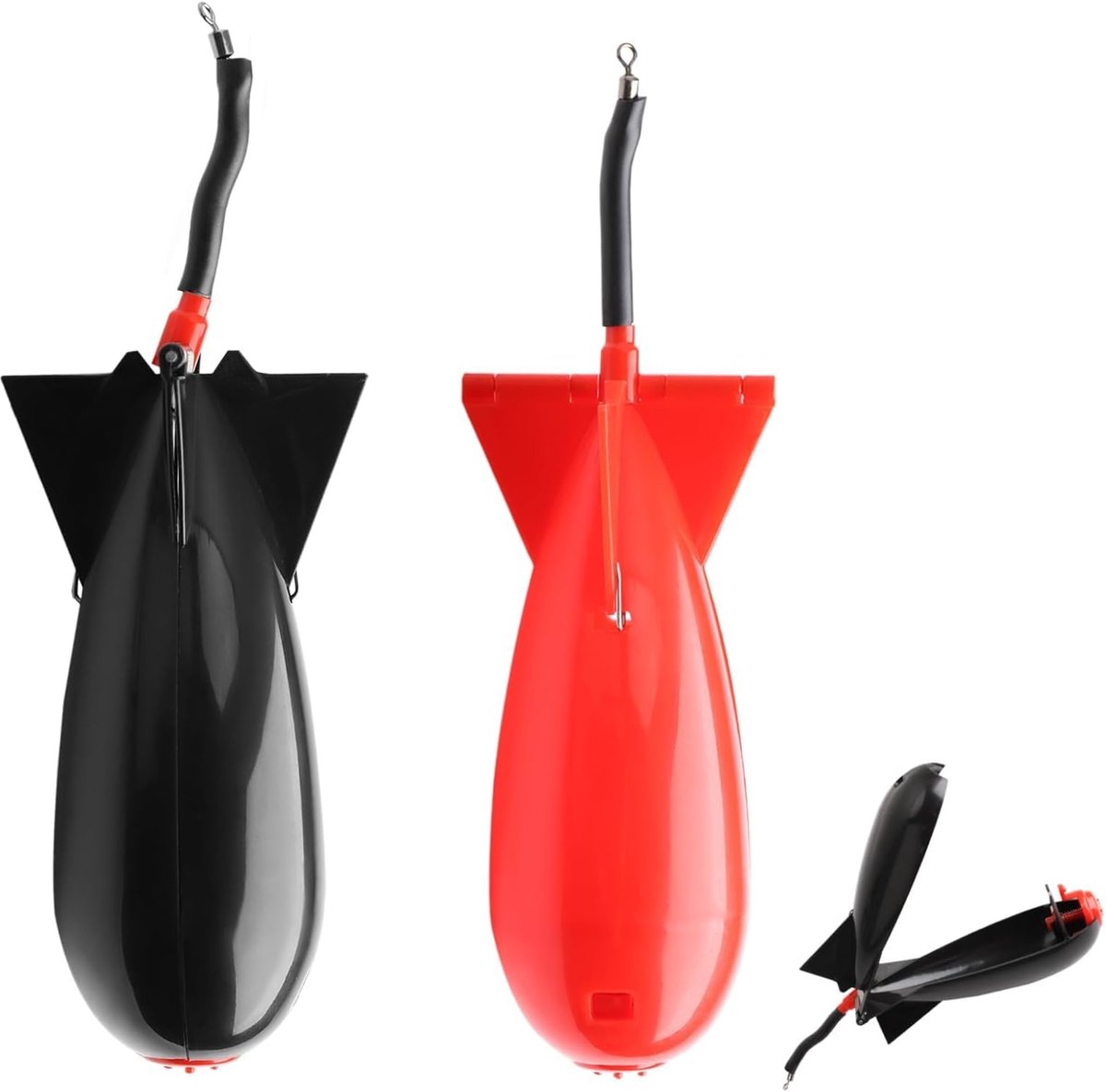 Aaskooi voor karper, raketvorm, 2 stuks, pelletwerper voor drijvend voer, rocket feeder zwart rood voor zoetwatervissen