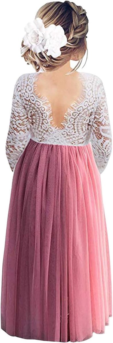 Feestjurk voor meisjes, kant, V-hals, rug, mouwloos, wollig, tule, prinsessenjurk, feestjurk, bloemenmeisjesjurk